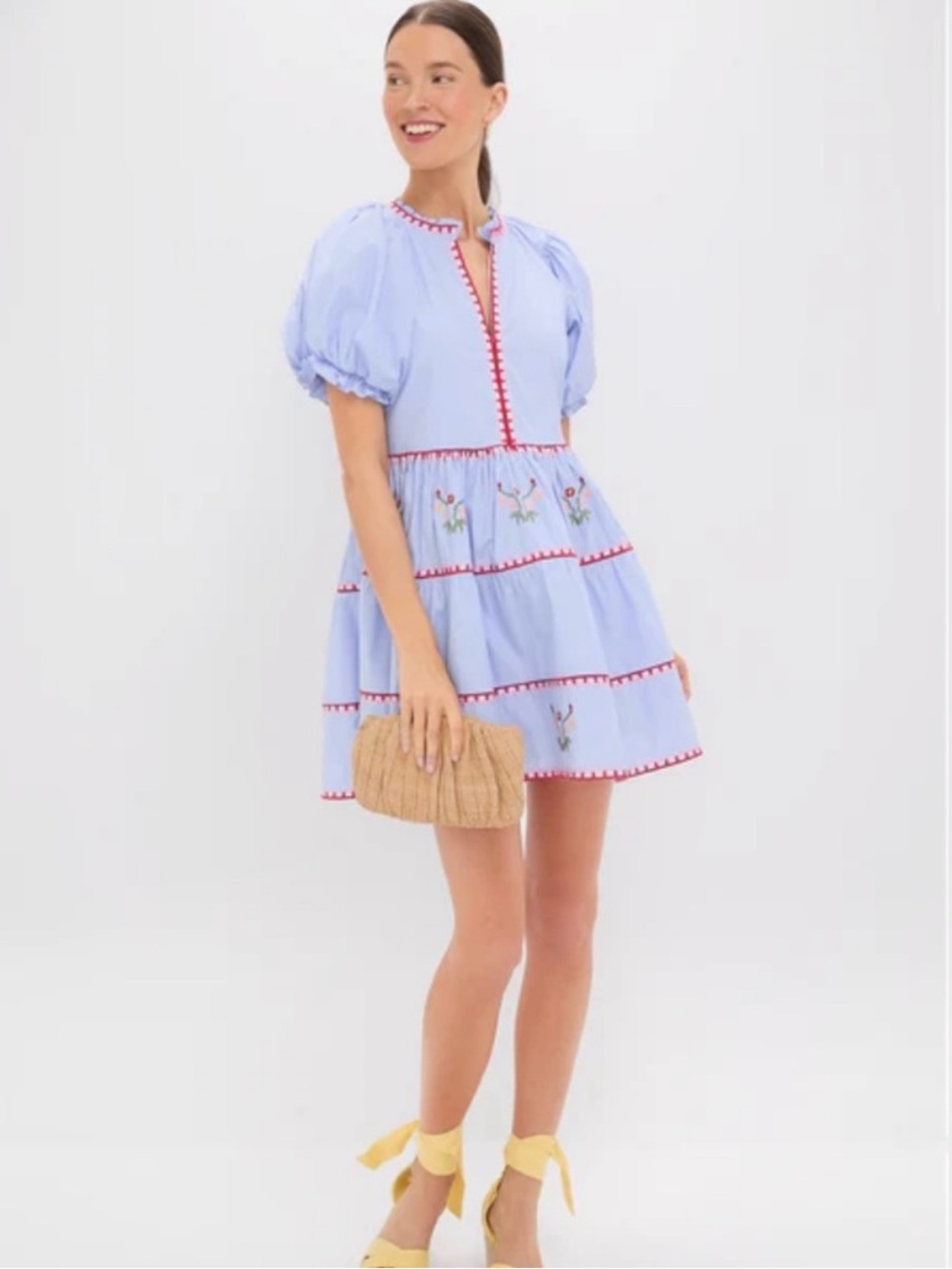 Light Blue Embroidered Puff-Sleeve Mini Dress - Picture 2 of 3